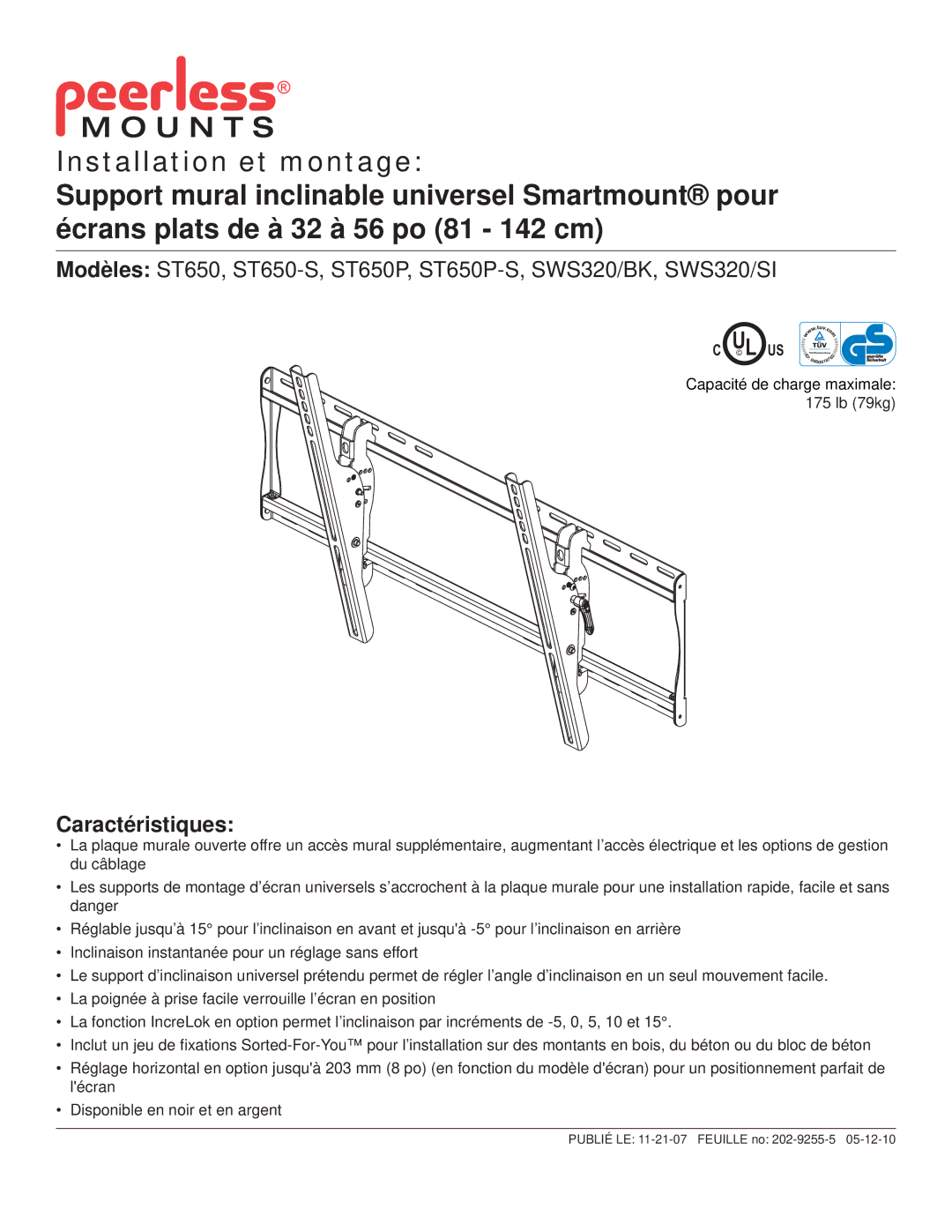 Peerless Industries SWS320/SI, SWS320/BK manual Caractéristiques 