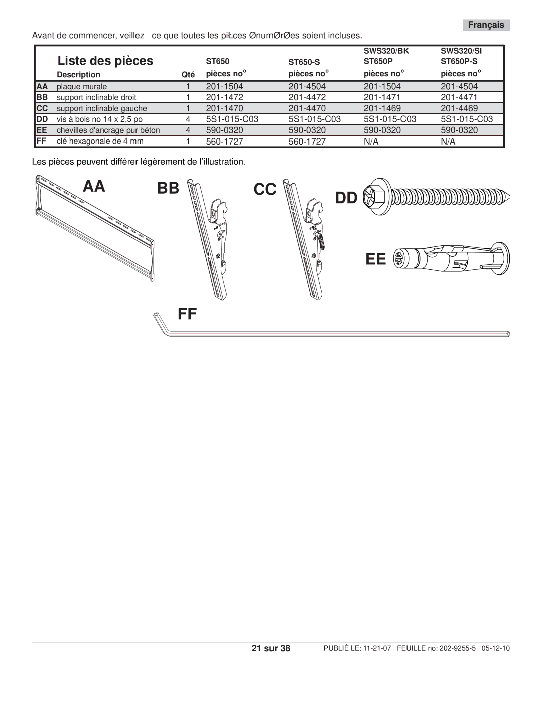 Peerless Industries SWS320/SI, SWS320/BK manual Liste des pièces, 21 sur 