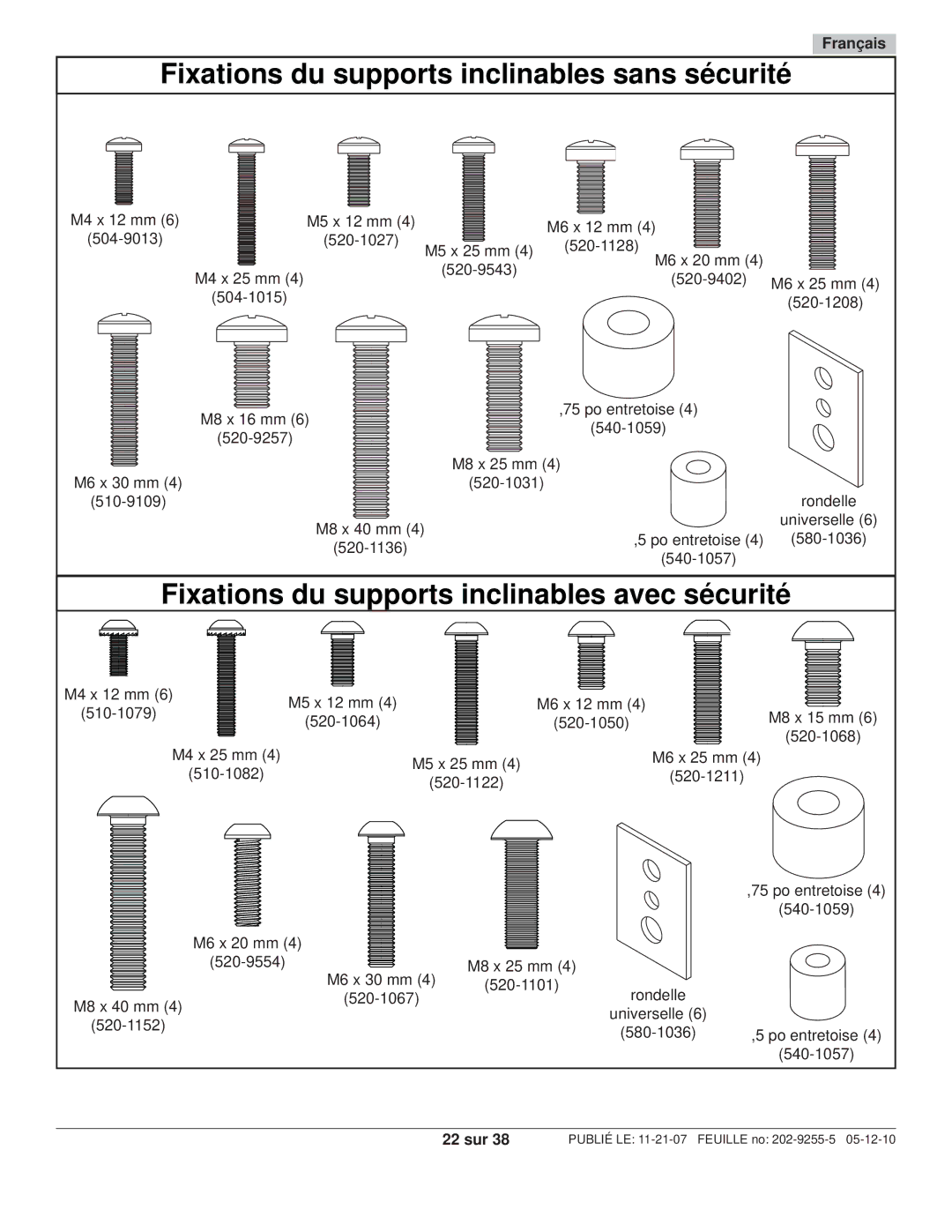 Peerless Industries SWS320/BK, SWS320/SI manual Fixations du supports inclinables sans sécurité, 22 sur 