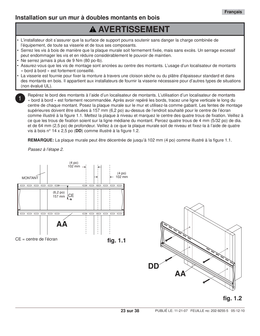 Peerless Industries SWS320/SI, SWS320/BK manual Installation sur un mur à doubles montants en bois, 23 sur 