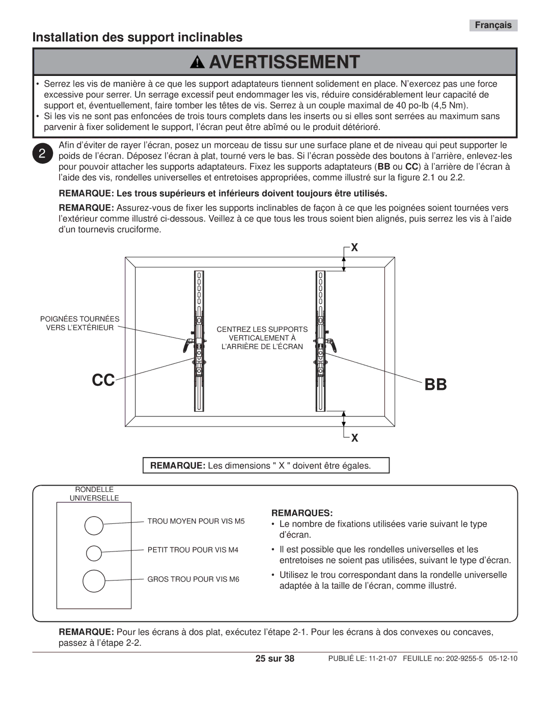 Peerless Industries SWS320/SI, SWS320/BK manual Installation des support inclinables, 25 sur 