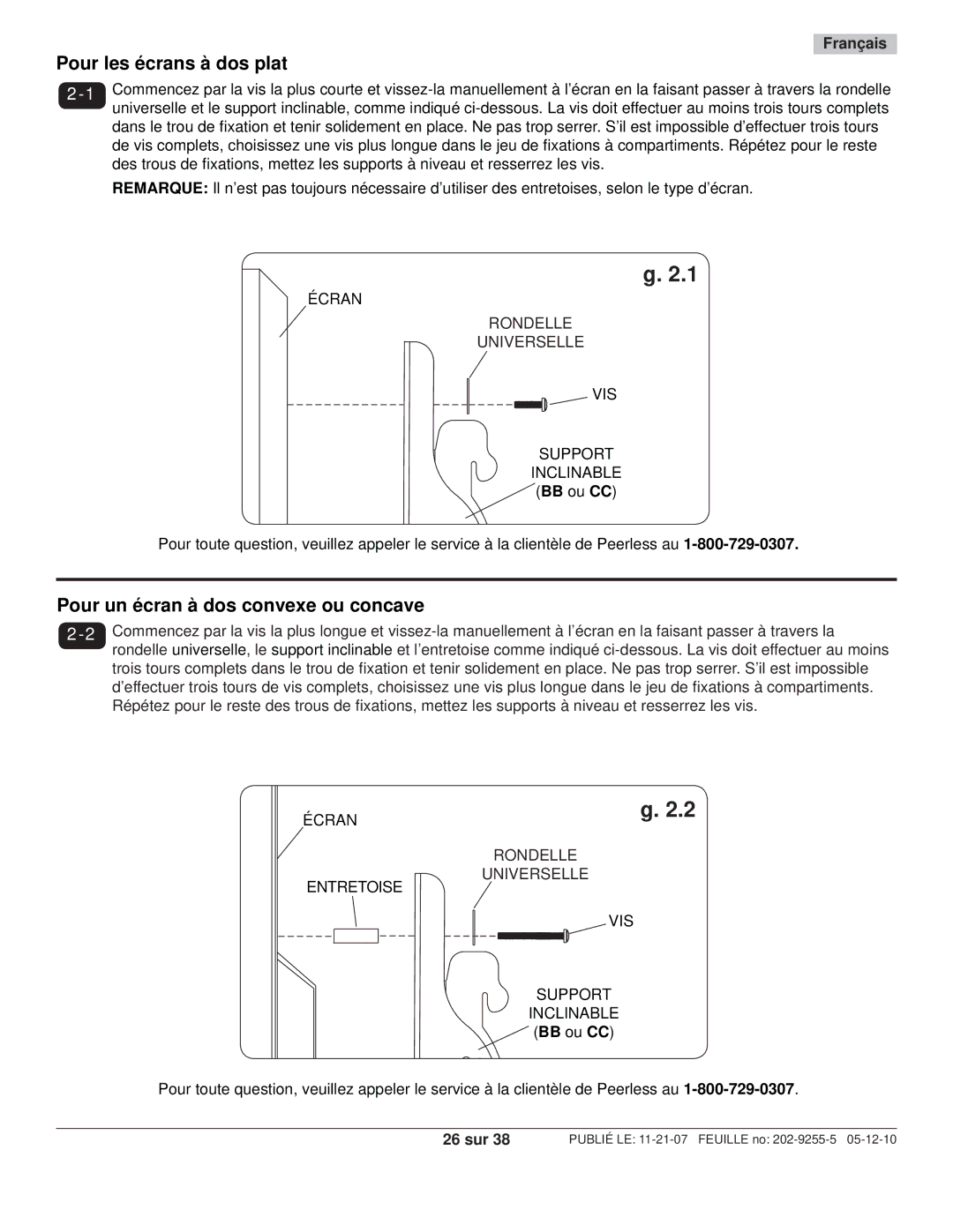 Peerless Industries SWS320/BK, SWS320/SI manual Pour les écrans à dos plat, 26 sur 