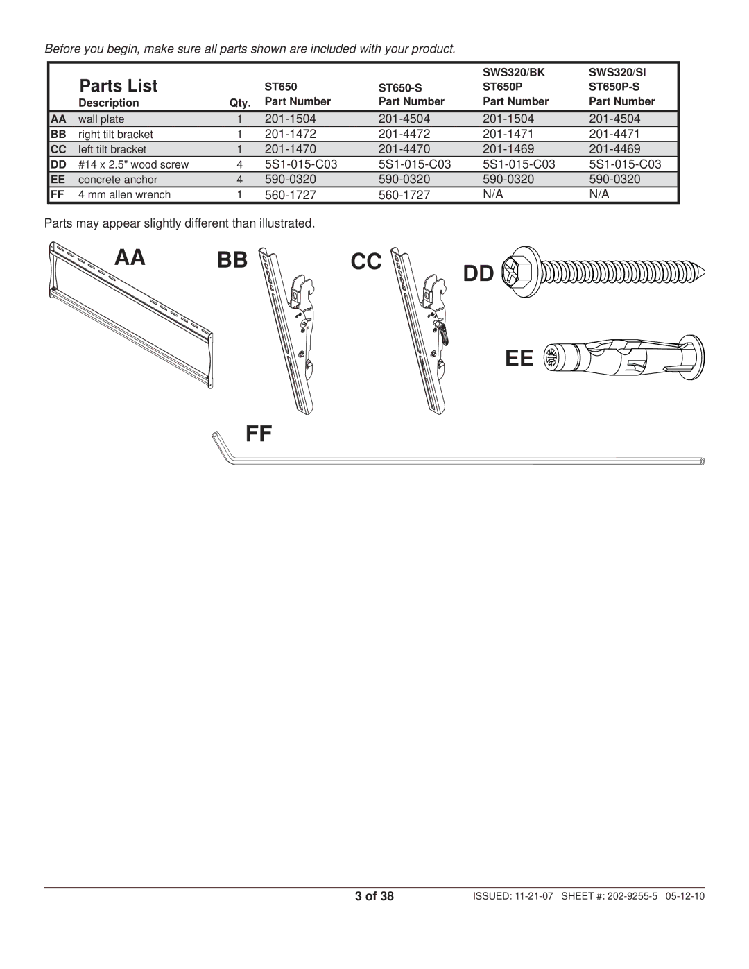 Peerless Industries SWS320/SI, SWS320/BK manual Parts List 