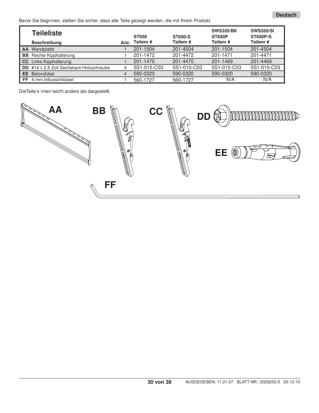 Peerless Industries SWS320/BK, SWS320/SI manual Teileliste 