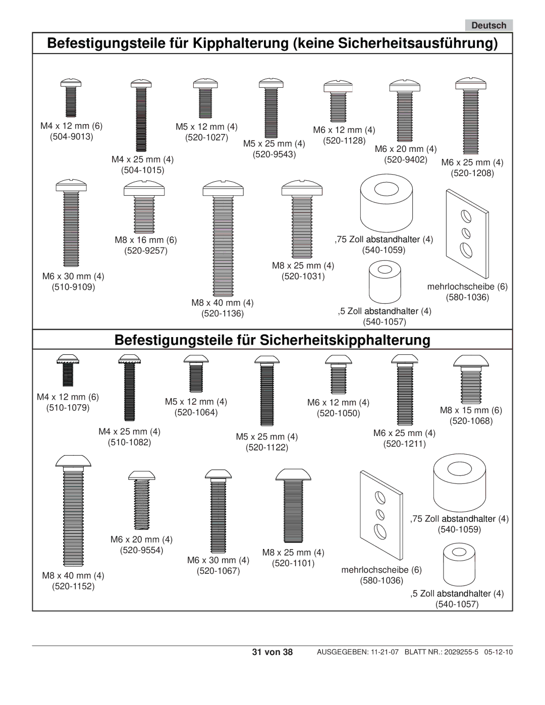 Peerless Industries SWS320/SI, SWS320/BK manual Befestigungsteile für Sicherheitskipphalterung 