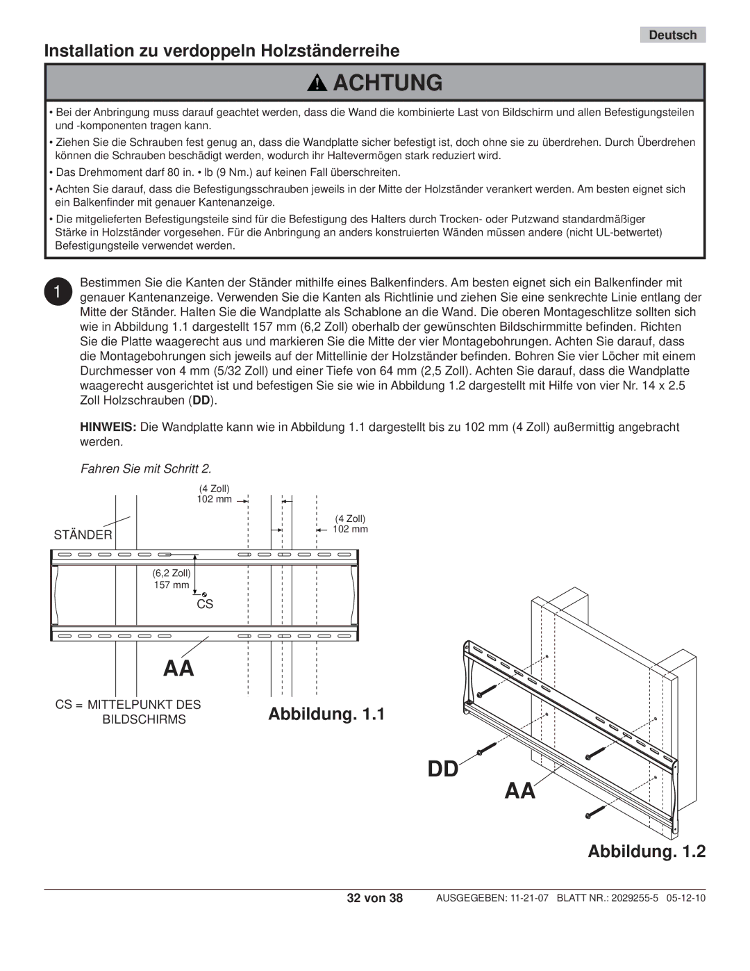 Peerless Industries SWS320/BK, SWS320/SI manual Installation zu verdoppeln Holzständerreihe, Abbildung 