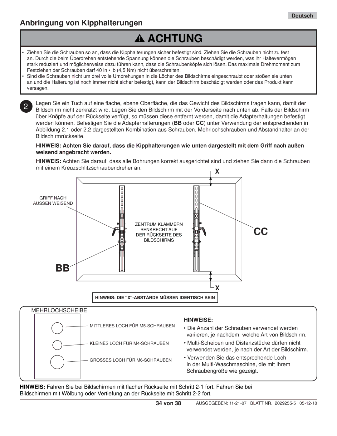 Peerless Industries SWS320/BK, SWS320/SI manual Achtung, Anbringung von Kipphalterungen 