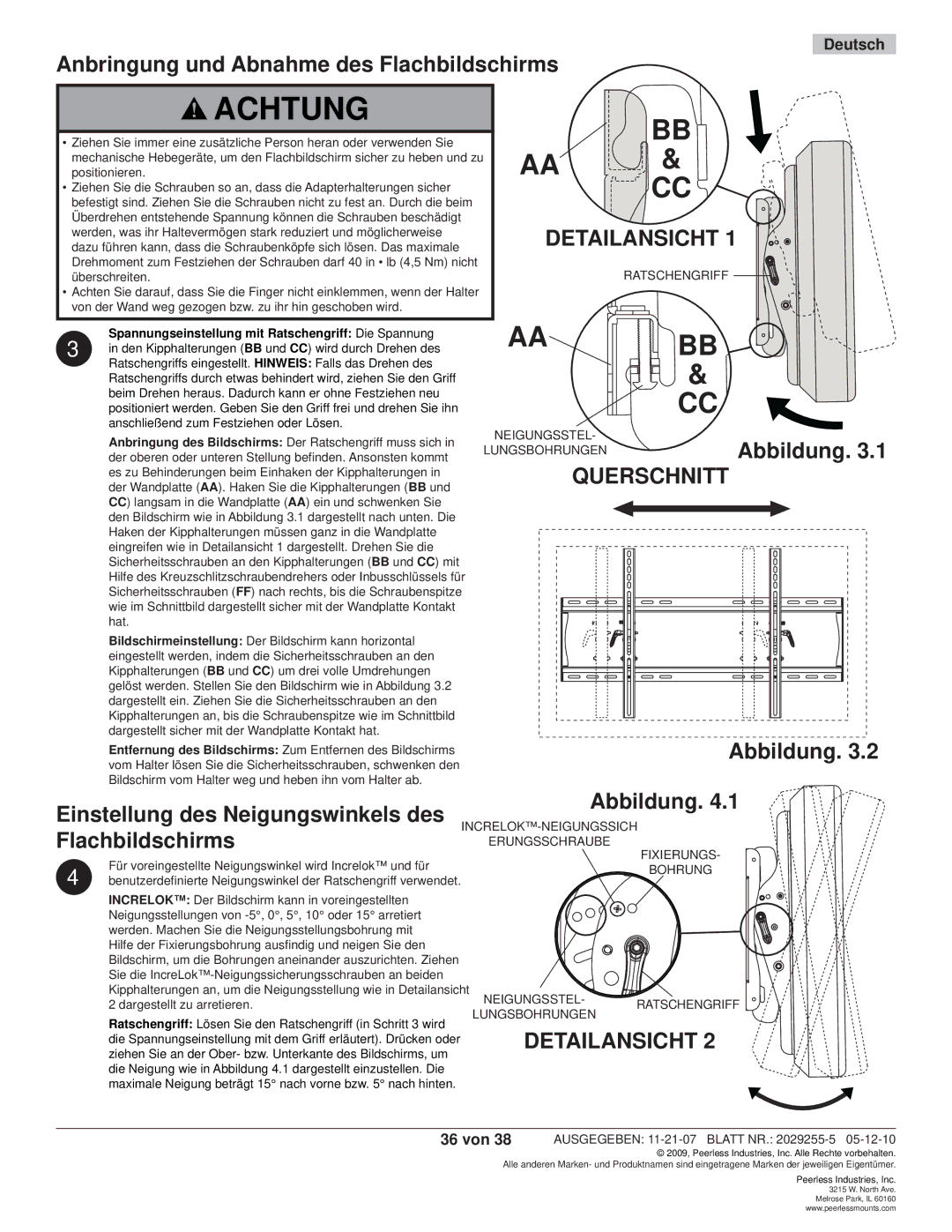 Peerless Industries SWS320/BK Anbringung und Abnahme des Flachbildschirms, Einstellung des Neigungswinkels des, 36 von 