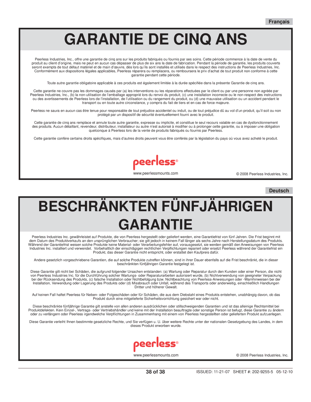 Peerless Industries SWS320/BK, SWS320/SI manual Garantie DE Cinq ANS 