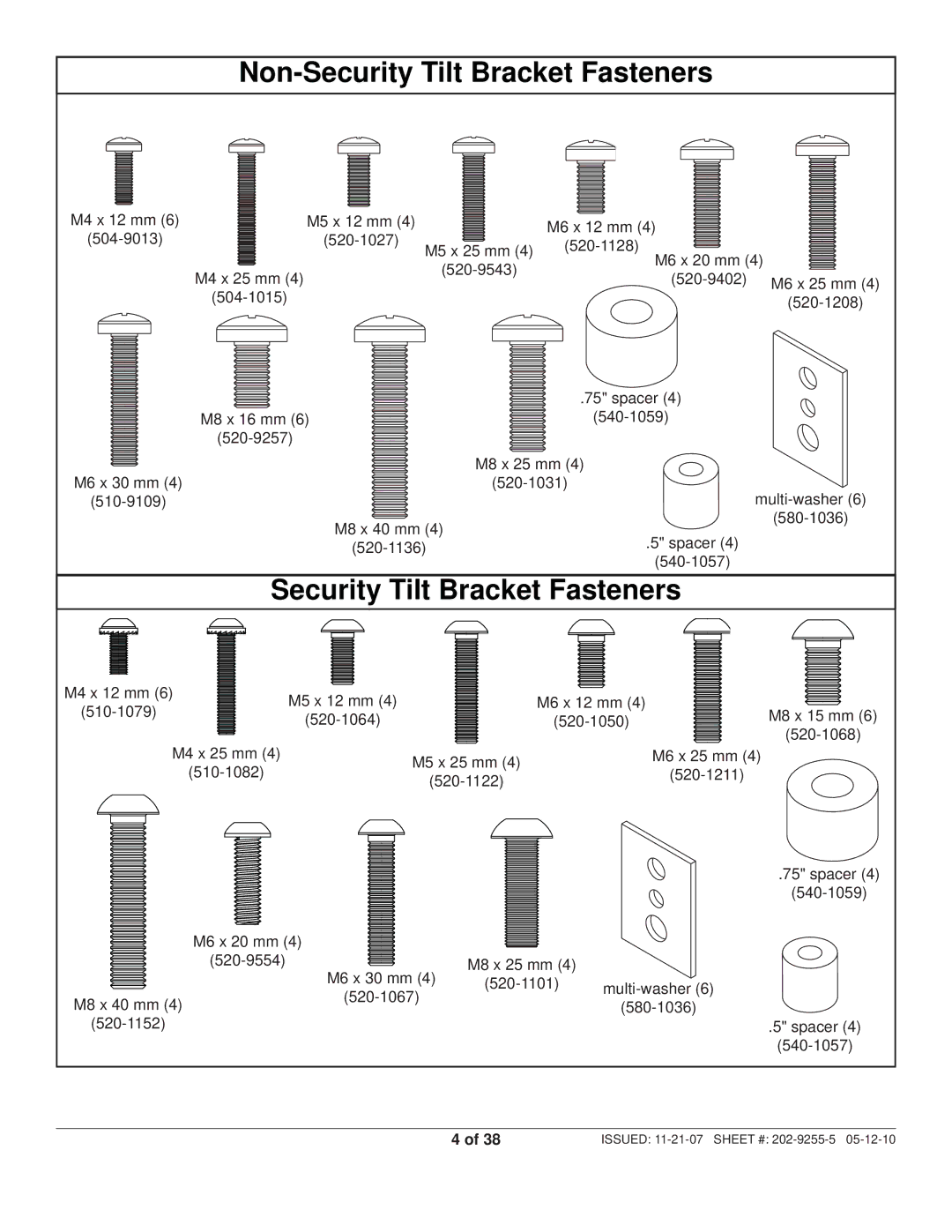 Peerless Industries SWS320/BK, SWS320/SI manual Non-Security Tilt Bracket Fasteners 