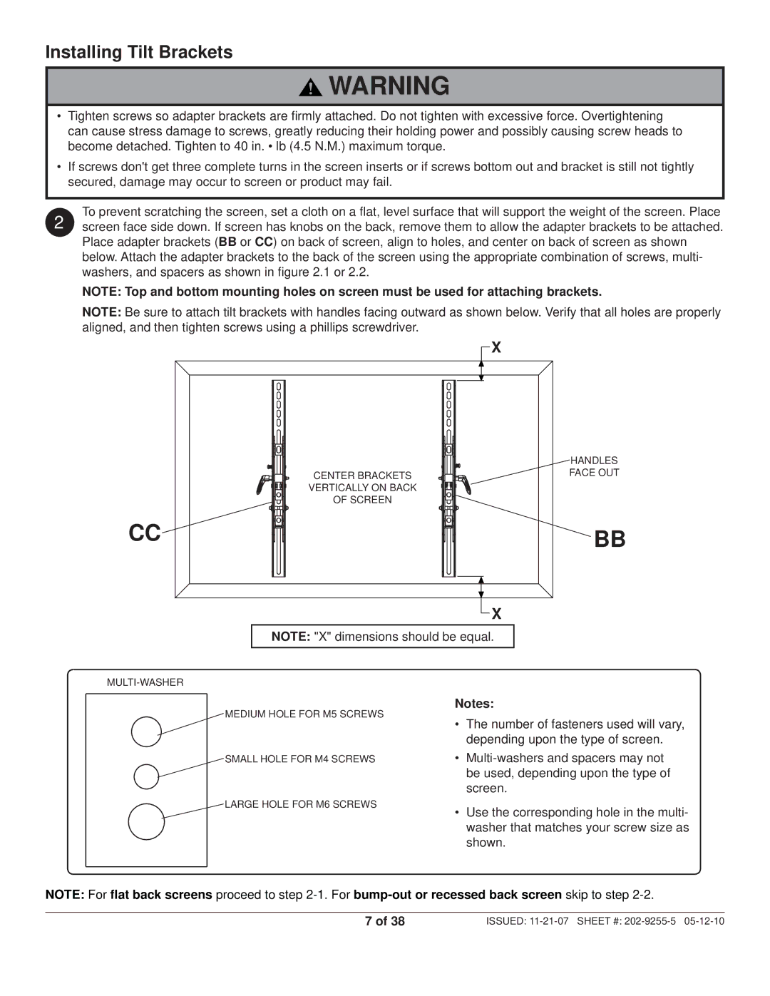 Peerless Industries SWS320/SI, SWS320/BK manual Installing Tilt Brackets 