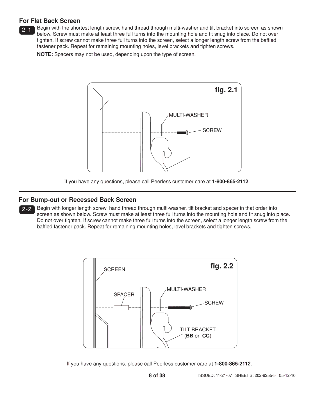 Peerless Industries SWS320/BK, SWS320/SI manual For Flat Back Screen 