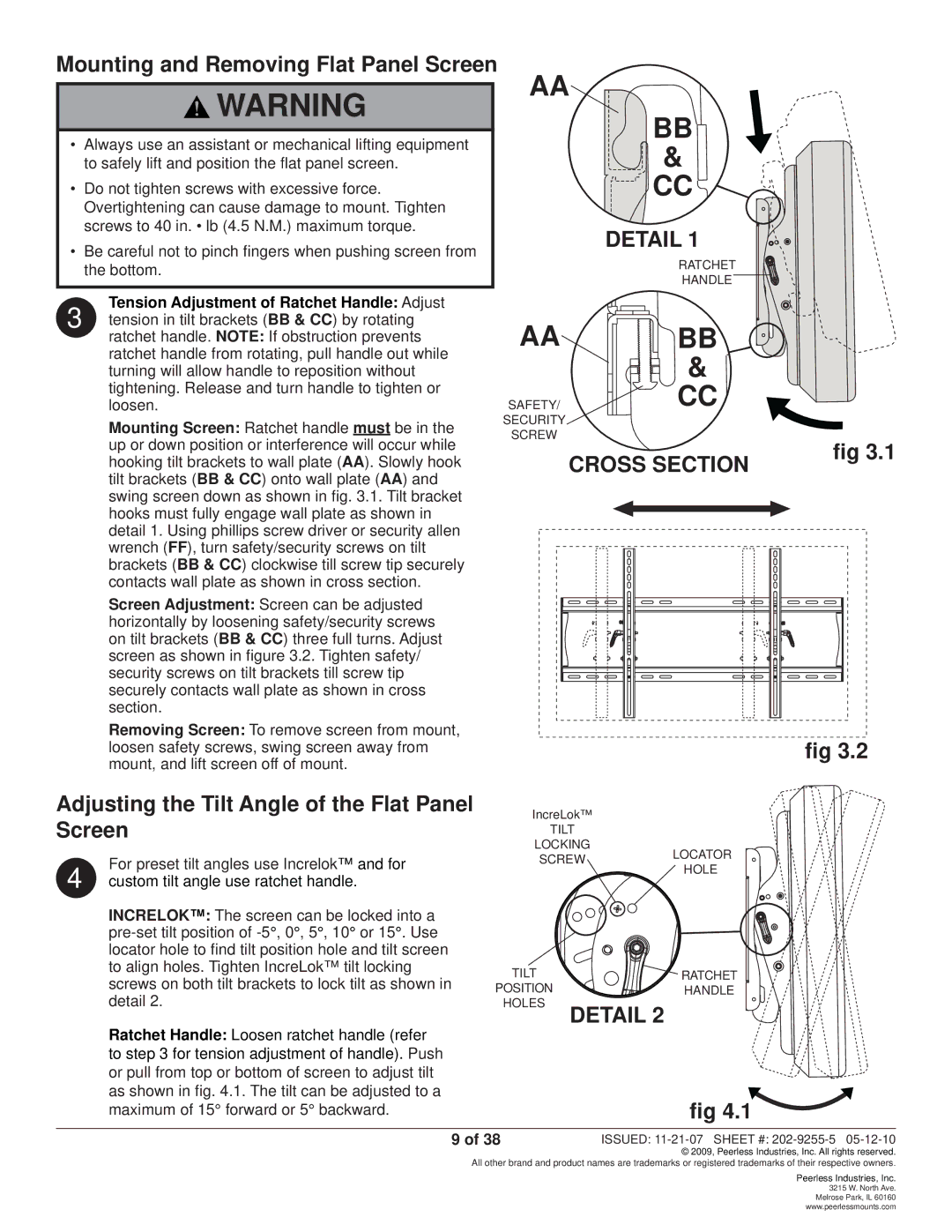 Peerless Industries SWS320/SI manual Mounting and Removing Flat Panel Screen, Adjusting the Tilt Angle of the Flat Panel 