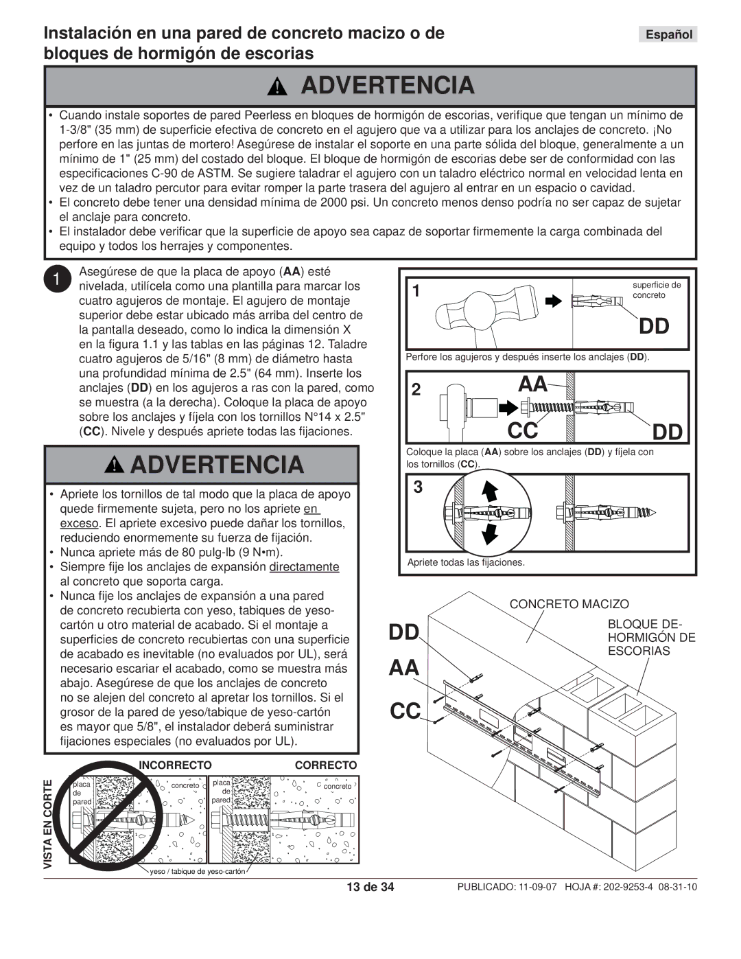 Peerless Industries SF680-S, SWS510/SI, SWS510/BK, SF680P-S, SF670-S, SF670P-S manual 13 de, Incorrecto Correcto 