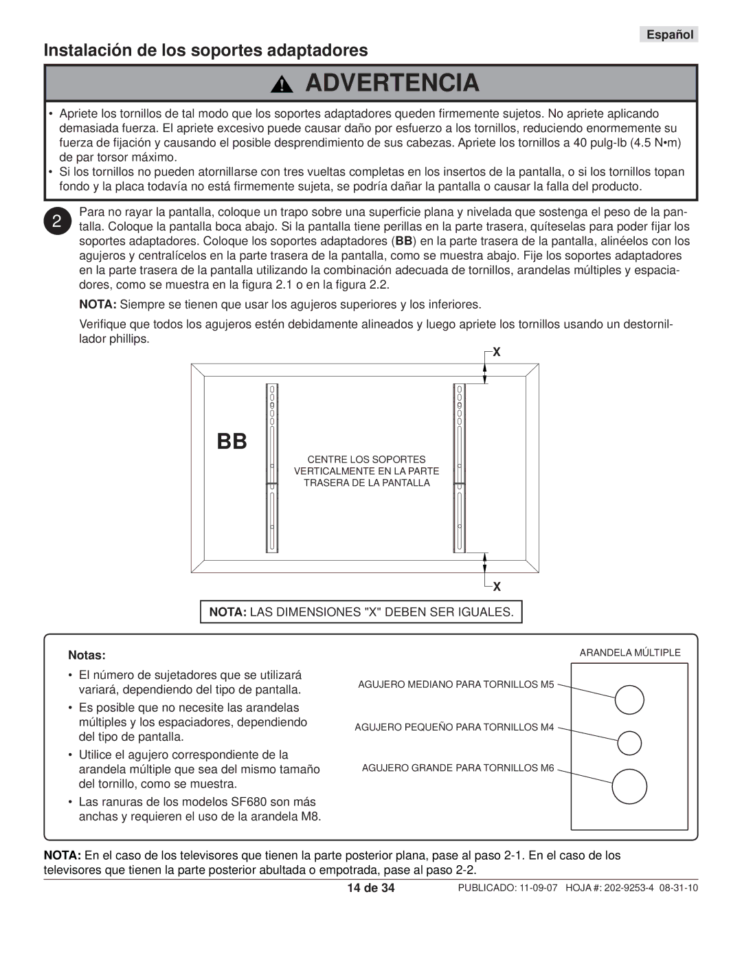 Peerless Industries SWS510/SI, SWS510/BK, SF680P, SF680-S, SF670P Instalación de los soportes adaptadores, Notas, 14 de 