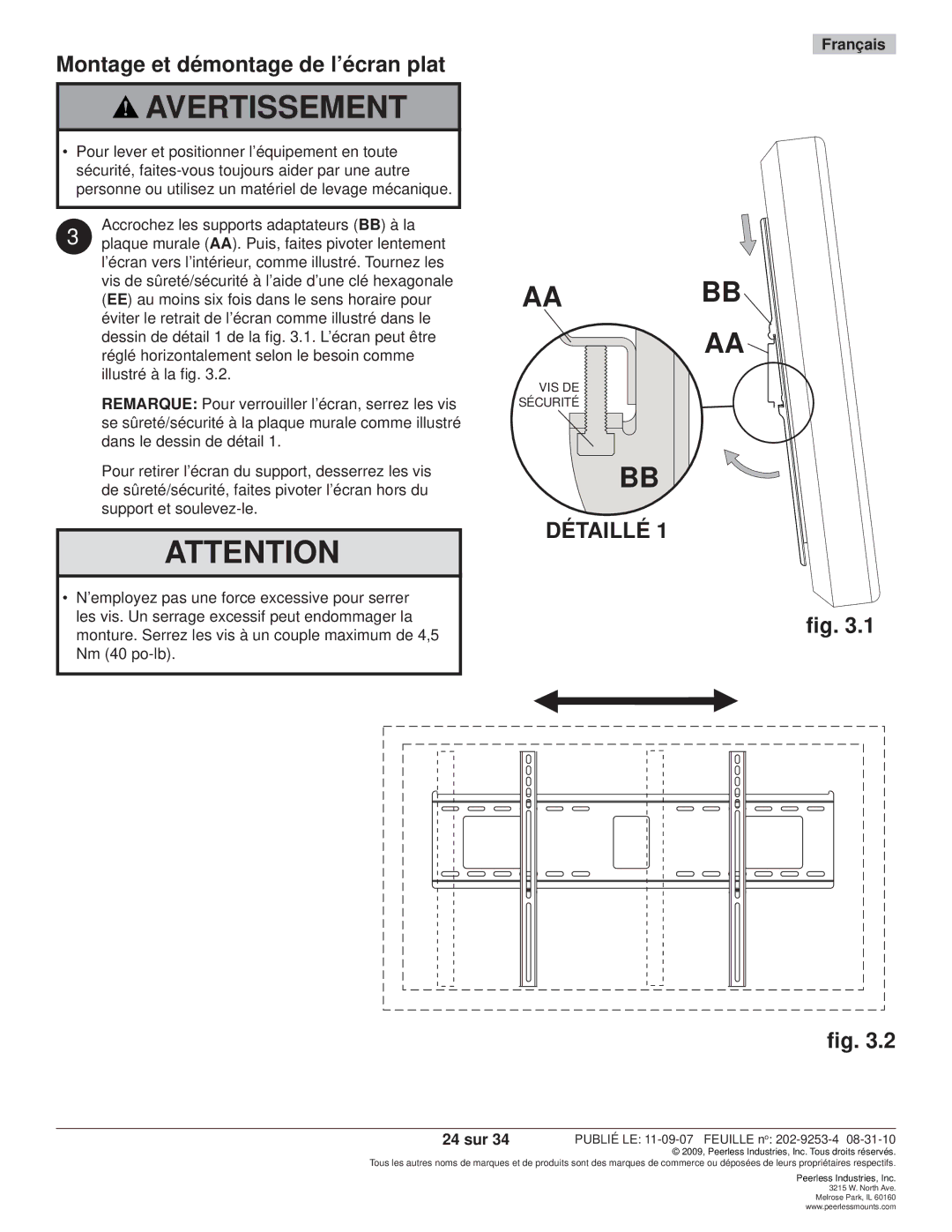 Peerless Industries SWS510/SI, SWS510/BK, SF680-S, SF680P-S, SF670-S manual Montage et démontage de l’écran plat, 24 sur 