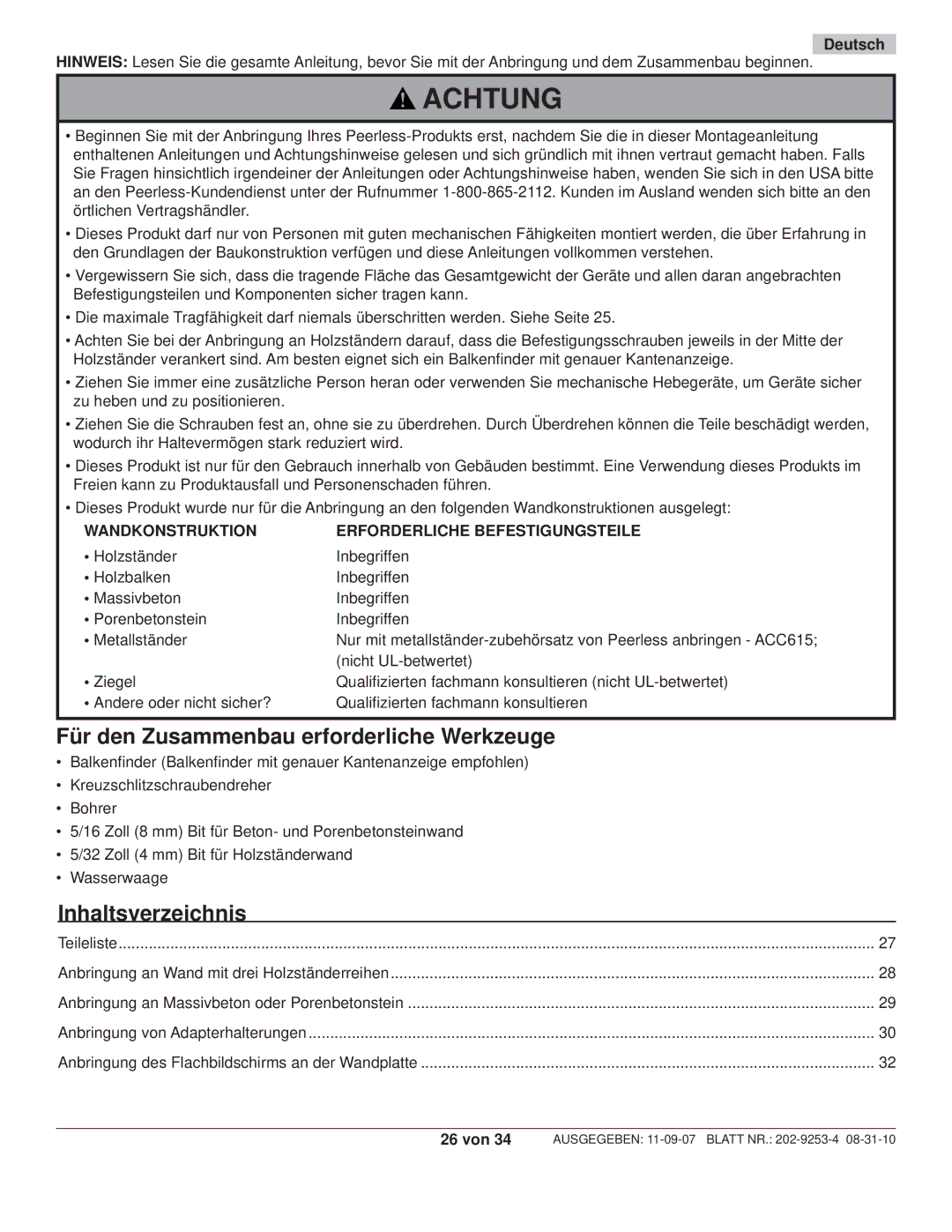 Peerless Industries SF680P-S, SWS510/SI, SWS510/BK Für den Zusammenbau erforderliche Werkzeuge, Inhaltsverzeichnis, Deutsch 