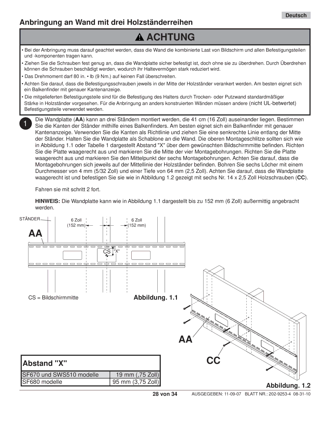 Peerless Industries SF670P, SWS510/SI, SWS510/BK, SF680P, SF680-S manual Anbringung an Wand mit drei Holzständerreihen, Abstand 