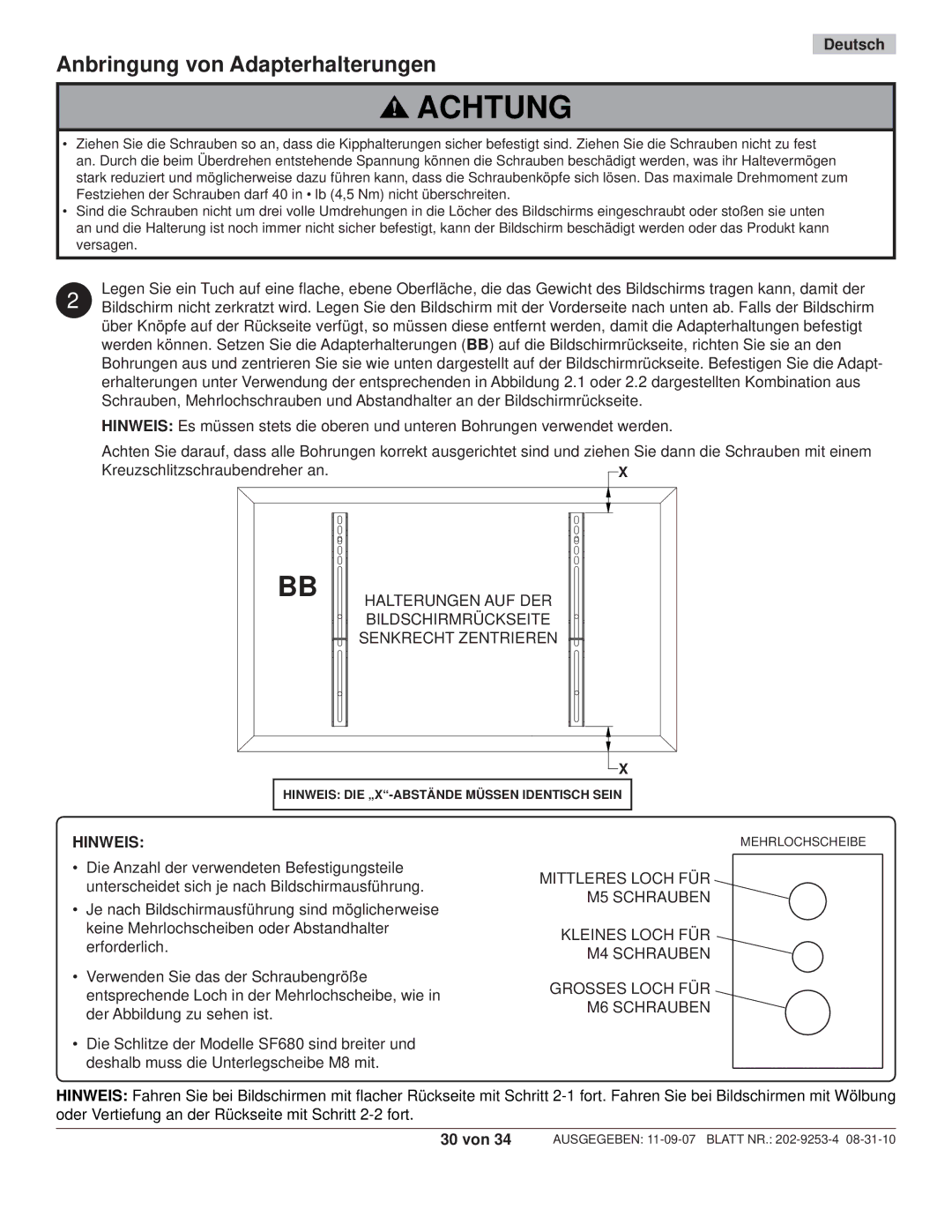 Peerless Industries SWS510/SI, SWS510/BK, SF680P Anbringung von Adapterhalterungen, Kreuzschlitzschraubendreher an, Hinweis 