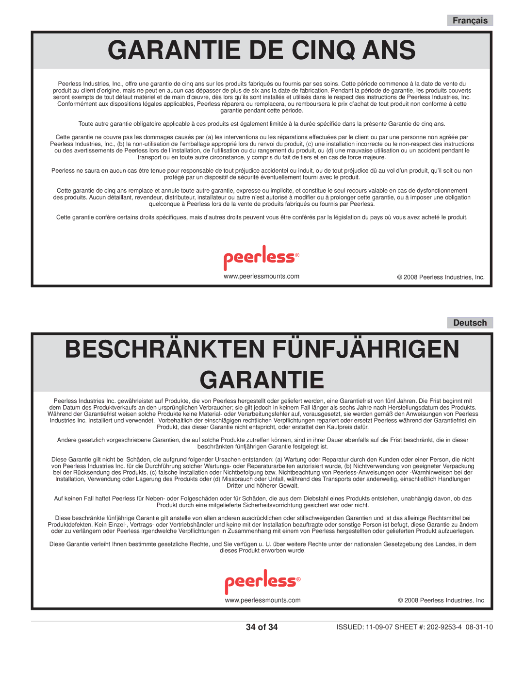 Peerless Industries SWS510/SI, SWS510/BK, SF680-S, SF680P-S, SF670-S, SF670P-S manual Garantie DE Cinq ANS 