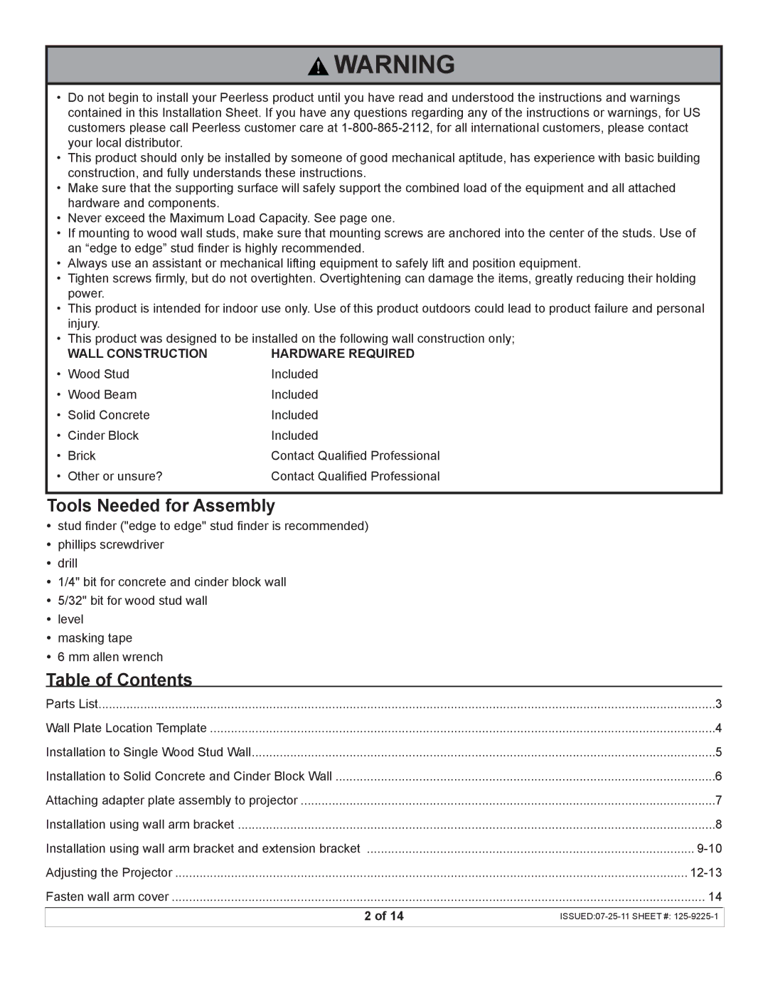 Peerless Industries UST-WallArm3 manual Tools Needed for Assembly, Table of Contents 