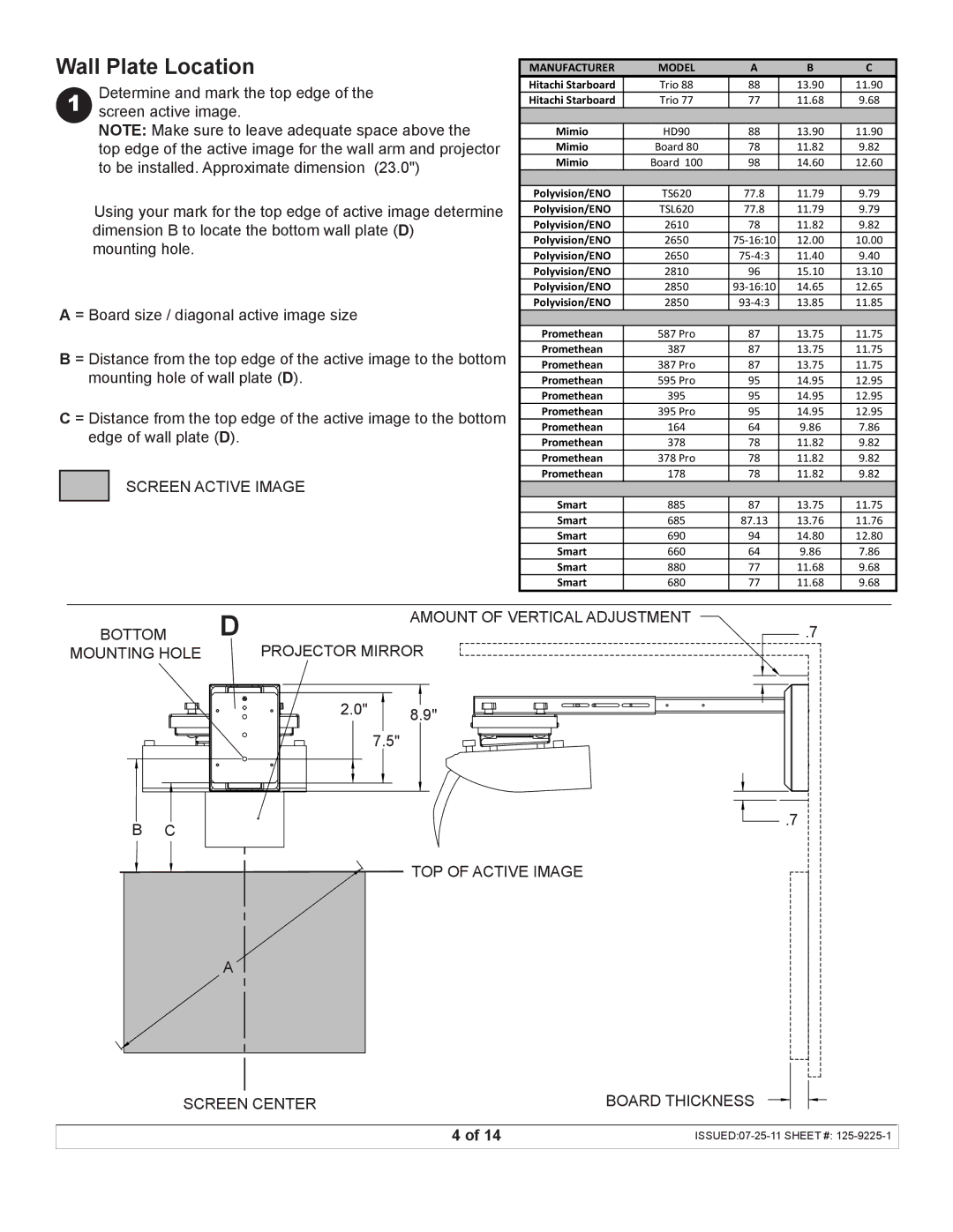 Peerless Industries UST-WallArm3 manual Wall Plate Location, Screen Active Image 