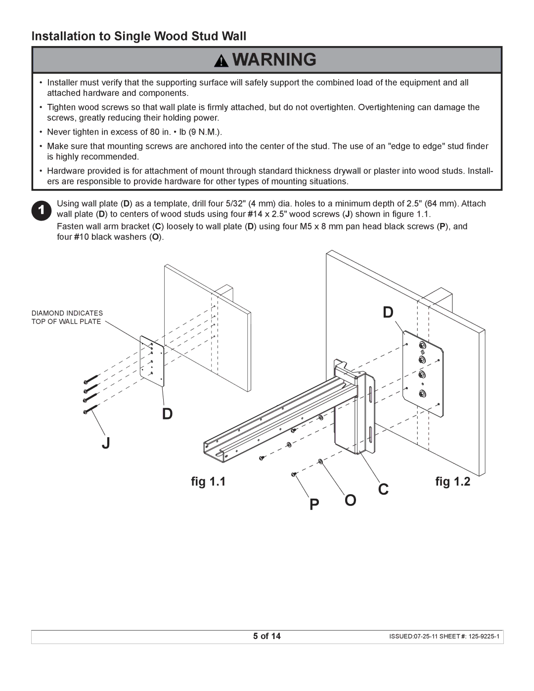 Peerless Industries UST-WallArm3 manual Installation to Single Wood Stud Wall 