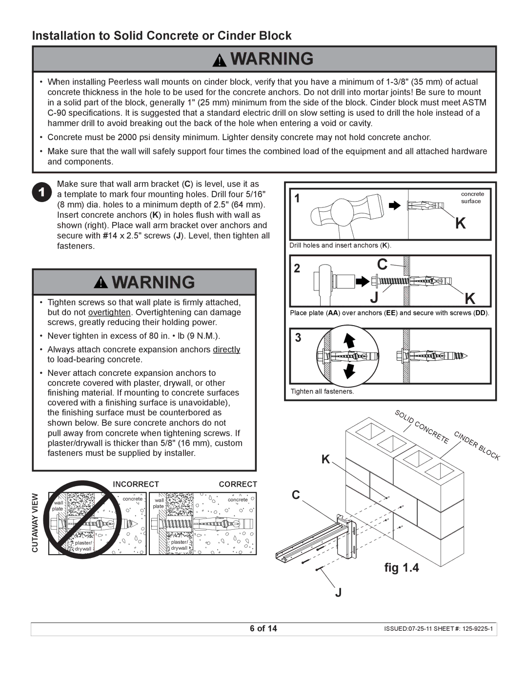 Peerless Industries UST-WallArm3 manual Installation to Solid Concrete or Cinder Block 