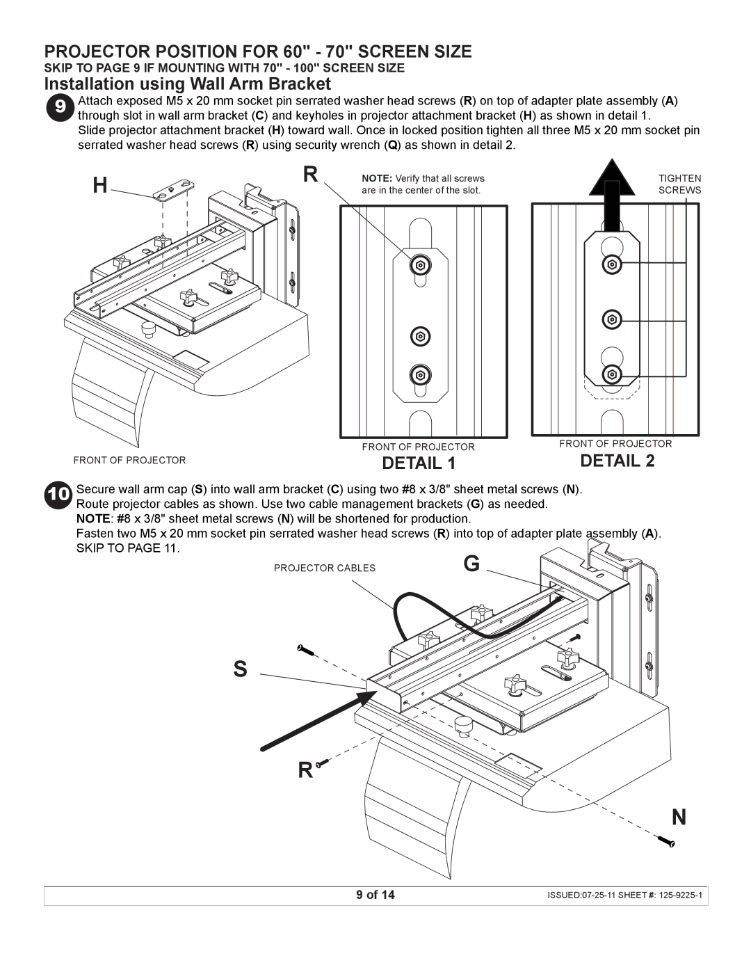 Peerless Industries UST-WallArm3 manual Projector Position for 60 70 Screen Size, Installation using Wall Arm Bracket 