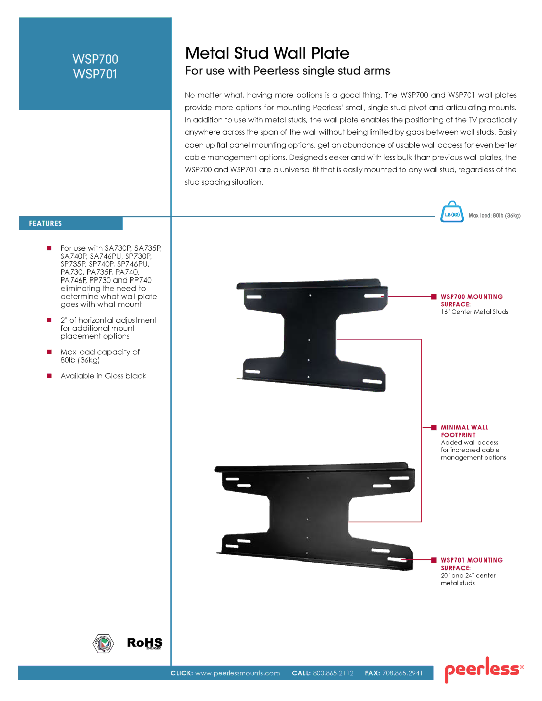 Peerless Industries WSP701, WSP700 manual Metal Stud Wall Plate 