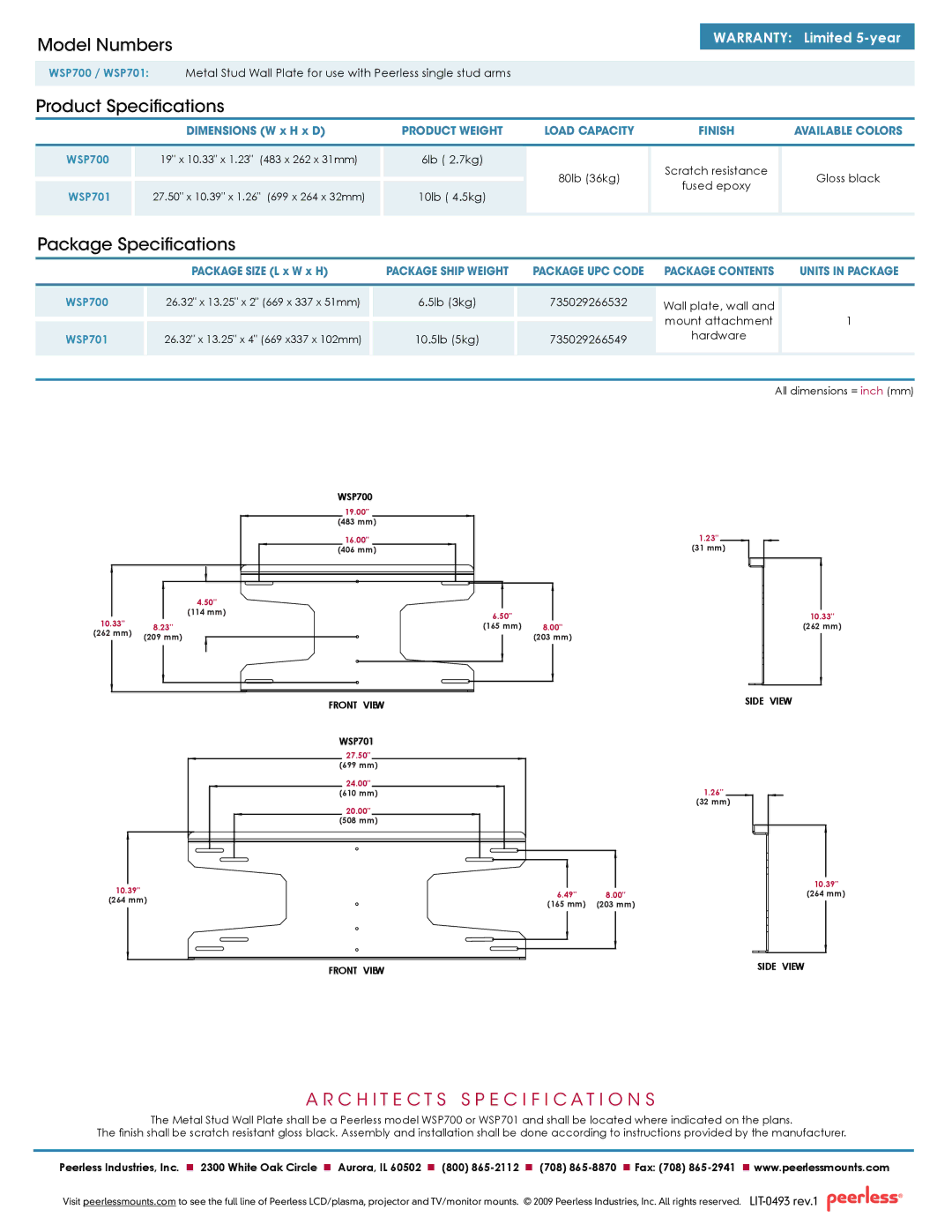 Peerless Industries WSP700, WSP701 manual Model Numbers, Product Specifications, Package Specifications 