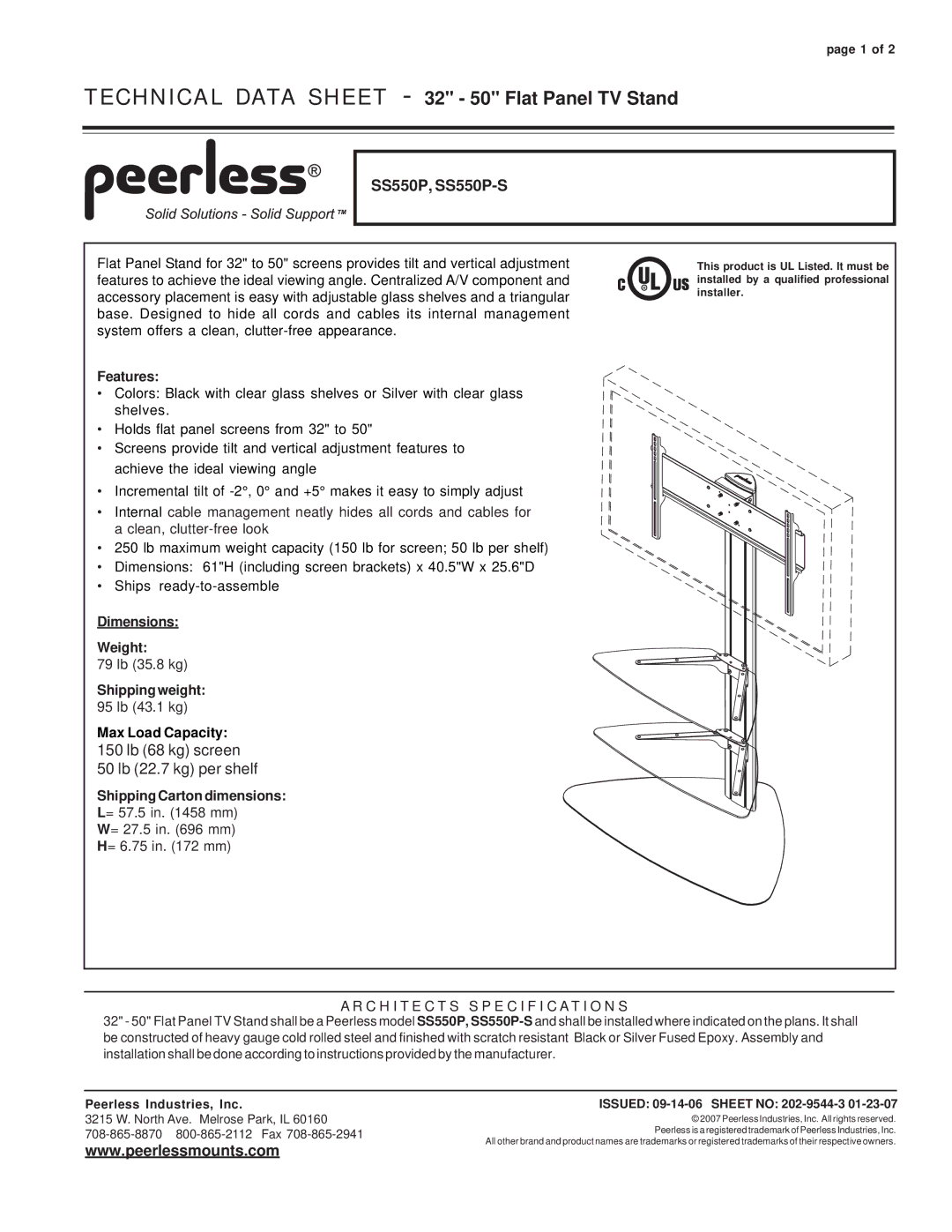 Peerless Maximizer Products manual Technical Data Sheet 32 50 Flat Panel TV Stand, SS550P, SS550P-S 