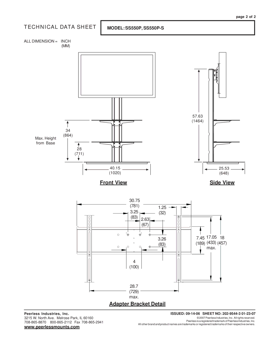 Peerless Maximizer Products SS550P-S manual Technical Data Sheet, Front View Side View, Adapter Bracket Detail 