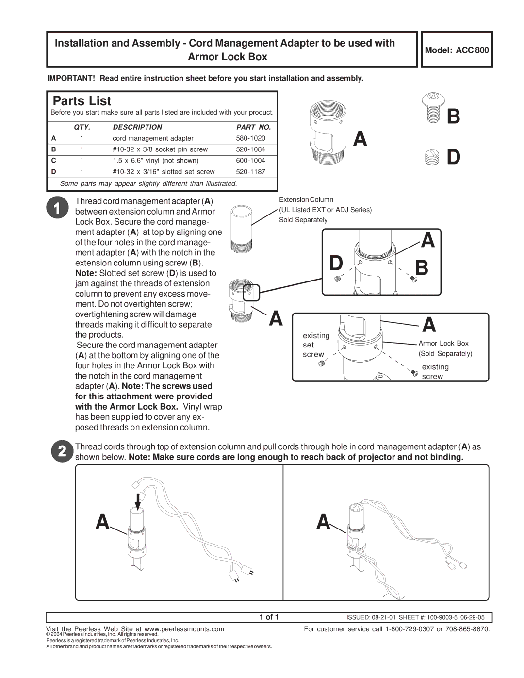 Peerless-Premier ACC 800 manual Parts List, QTY Description 