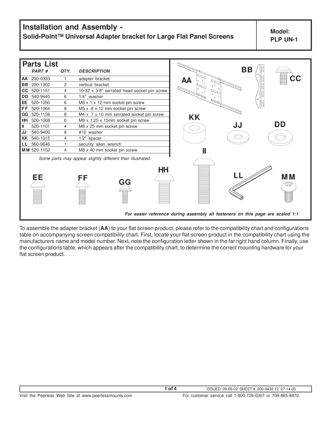 Peerless-Premier PLP UN-1 manual Installation and Assembly, Parts List 