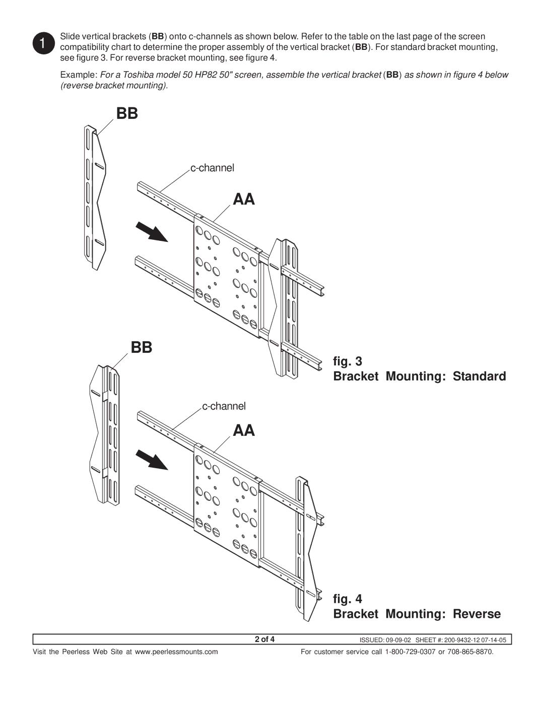 Peerless-Premier PLP UN-1 manual Bracket Mounting Standard, Bracket Mounting Reverse 