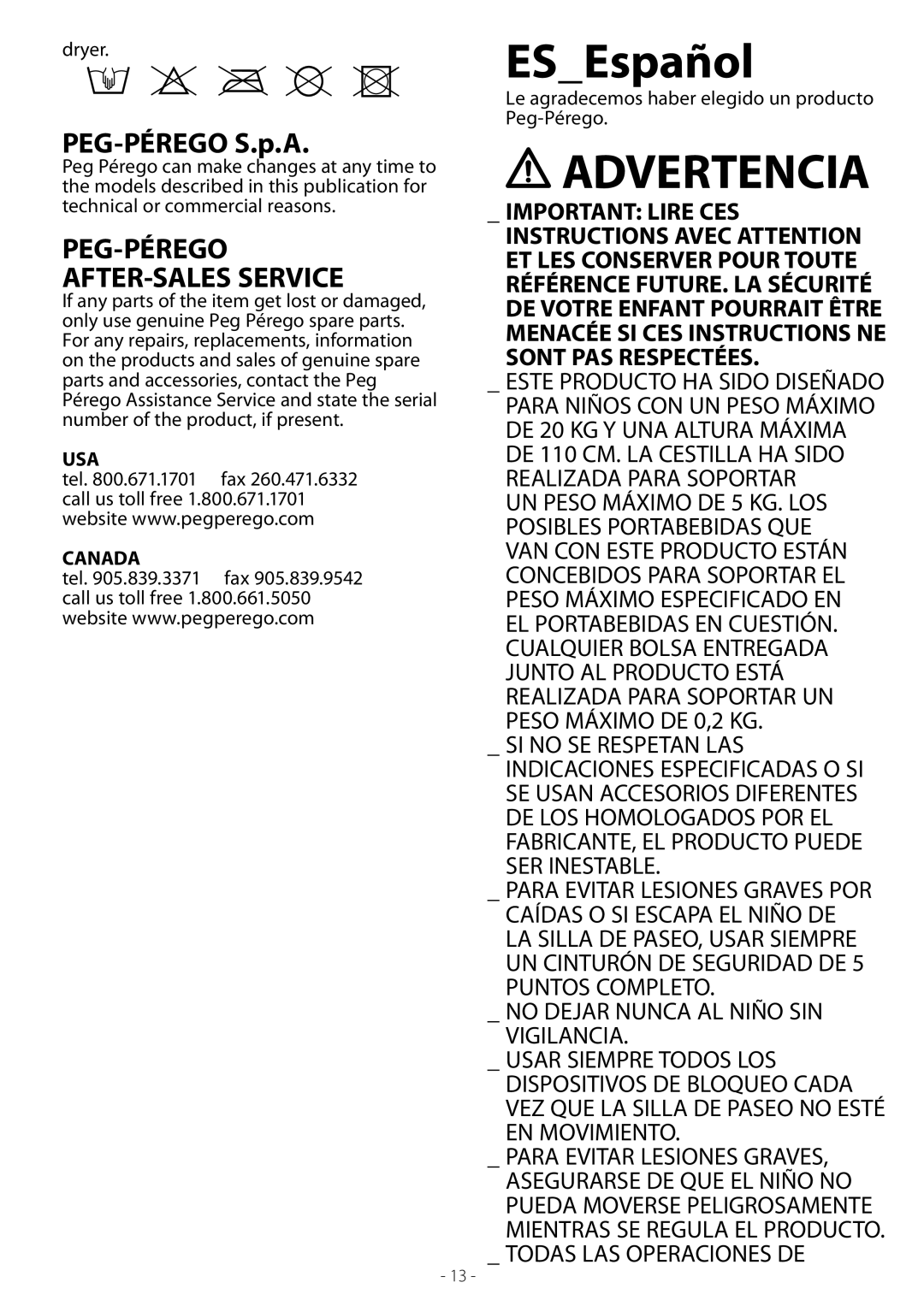 Peg-Perego 60-40 manual Dryer, Tel, Call us toll free, Le agradecemos haber elegido un producto Peg-Pérego 