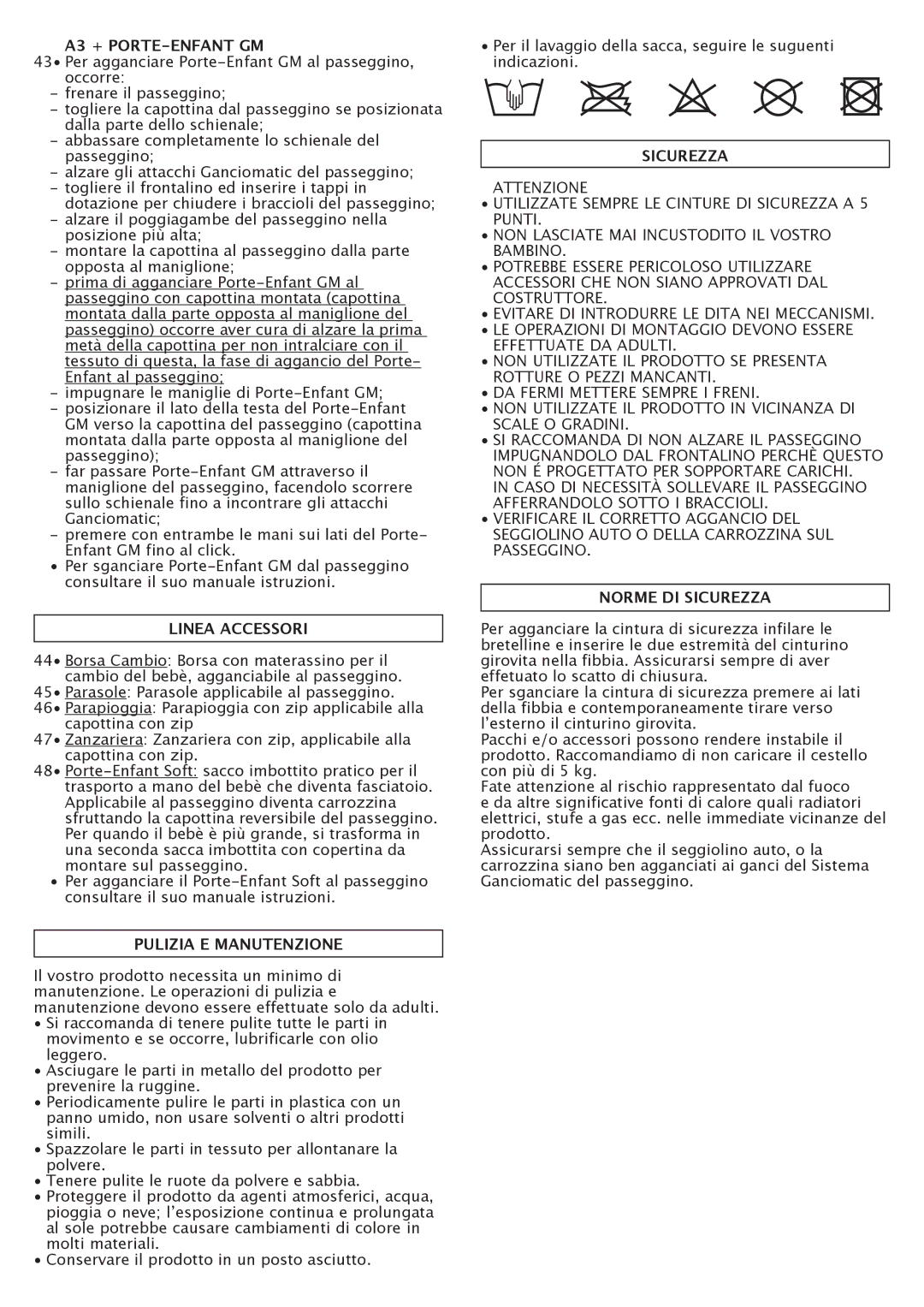 Peg-Perego manual A3 + PORTE-ENFANT GM, Linea Accessori, Pulizia E Manutenzione, Norme DI Sicurezza 