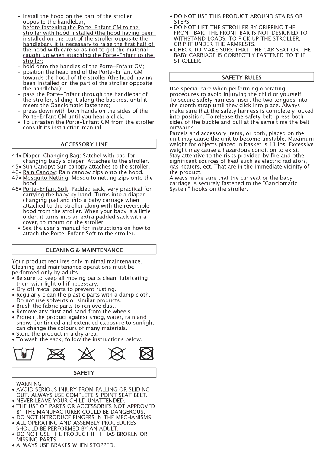 Peg-Perego A3 manual Accessory Line, Cleaning & Maintenance, Safety Rules, Do not Introduce Fingers in the Mechanisms 