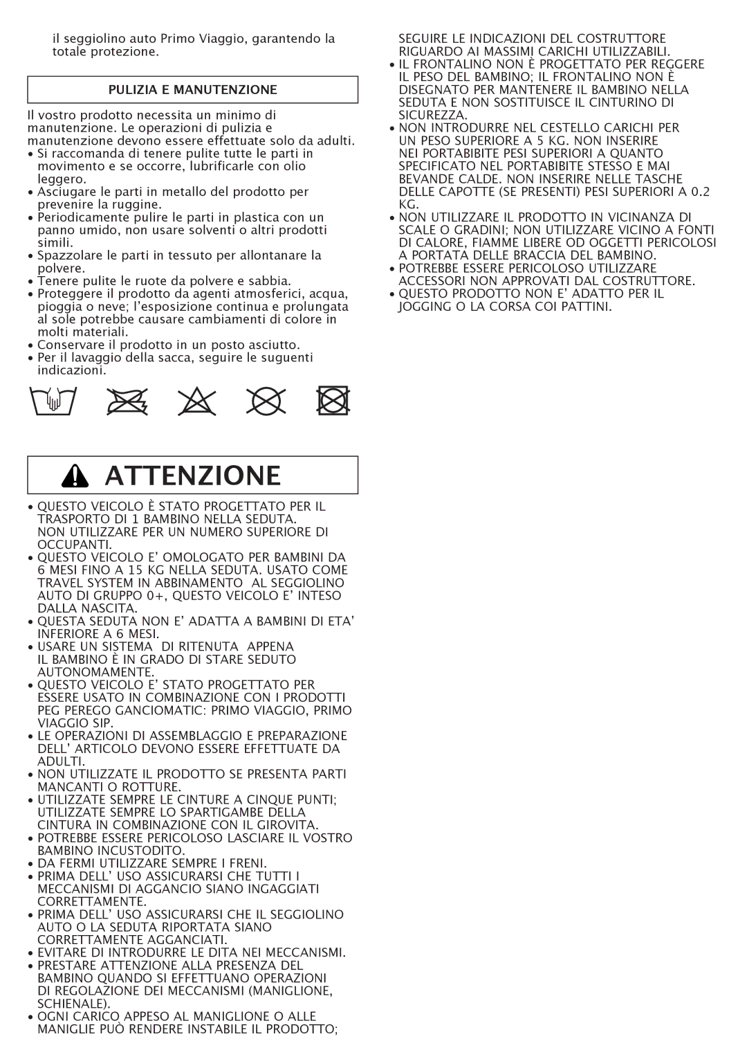 Peg-Perego Aria OH manual Attenzione, Pulizia E Manutenzione 