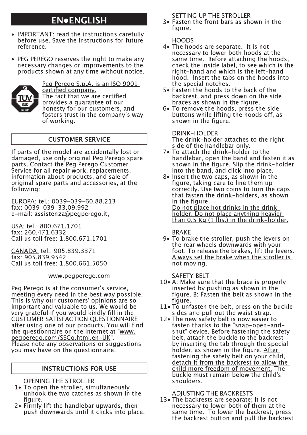 Peg-Perego Aria Twin manual Enenglish, Customer Service, Instructions for USE 