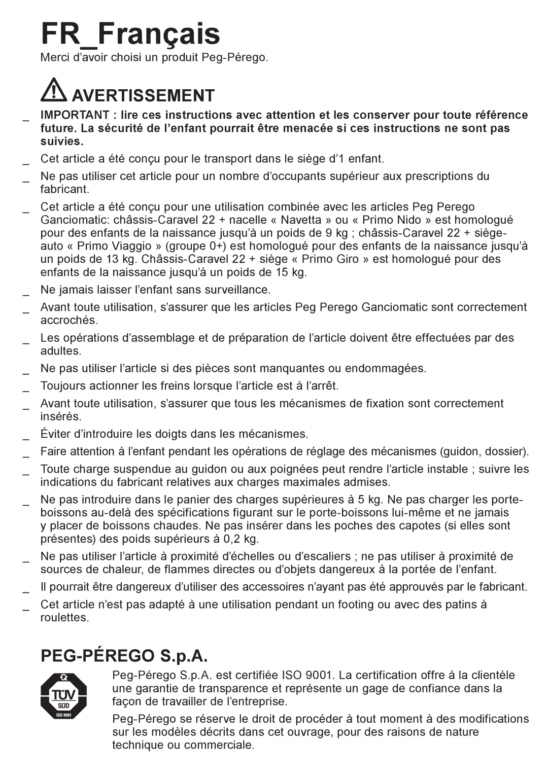 Peg-Perego Caravel 22 manual FRFrançais, Avertissement 