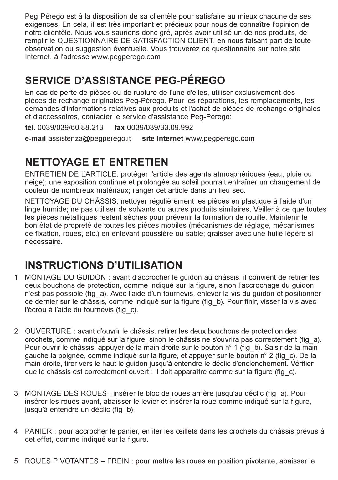 Peg-Perego Caravel 22 manual Service D’ASSISTANCE PEG-PÉREGO, Nettoyage ET Entretien, Instructions D’UTILISATION 