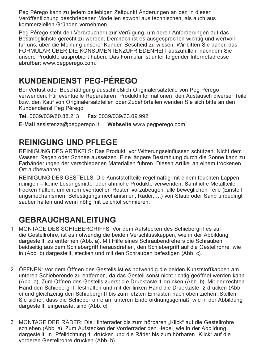 Peg-Perego Caravel 22 manual Kundendienst PEG-PÉREGO, Reinigung UND Pflege, Gebrauchsanleitung 