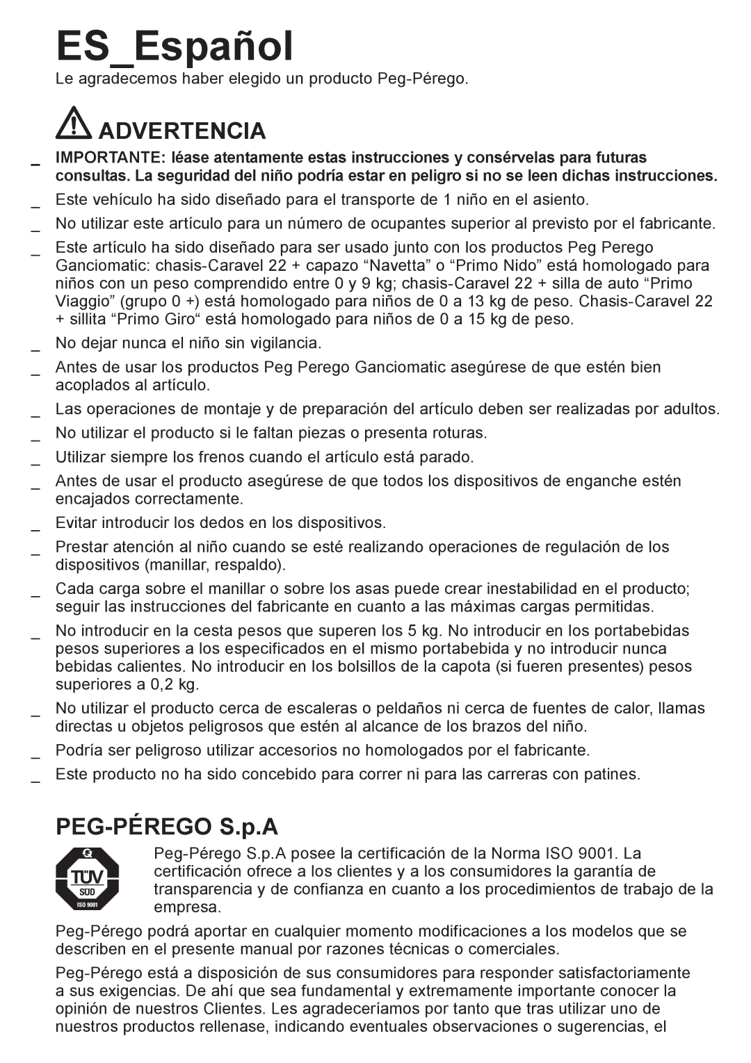 Peg-Perego Caravel 22 manual ESEspañol, Advertencia 