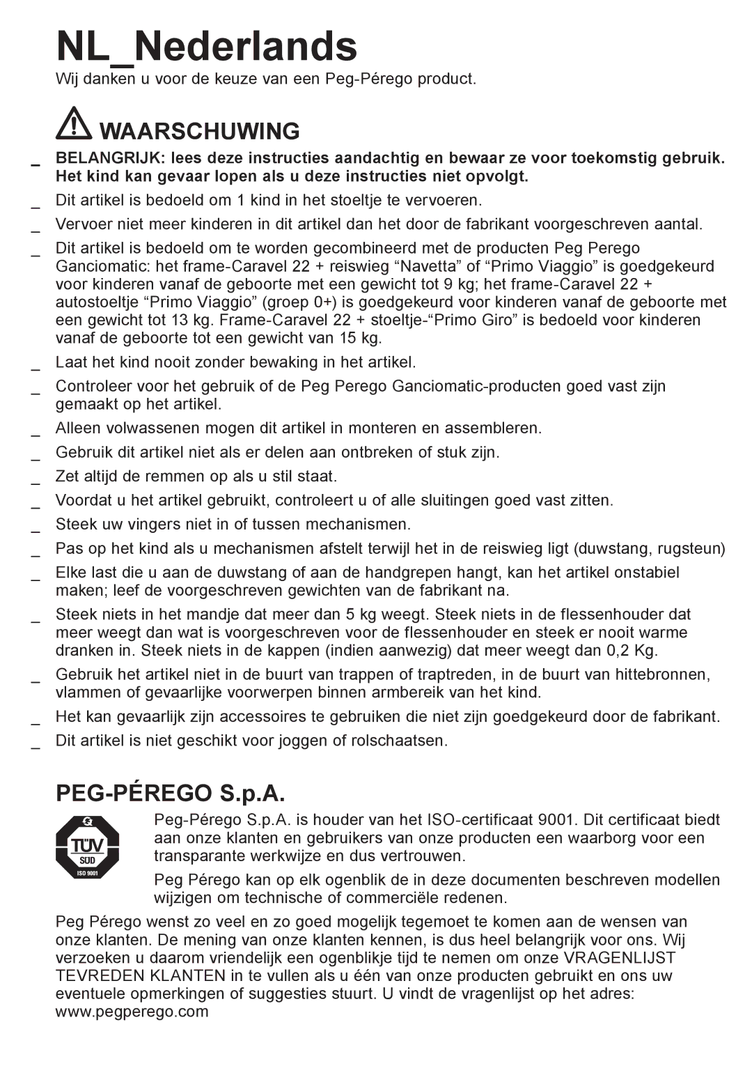 Peg-Perego Caravel 22 manual NLNederlands, Waarschuwing 