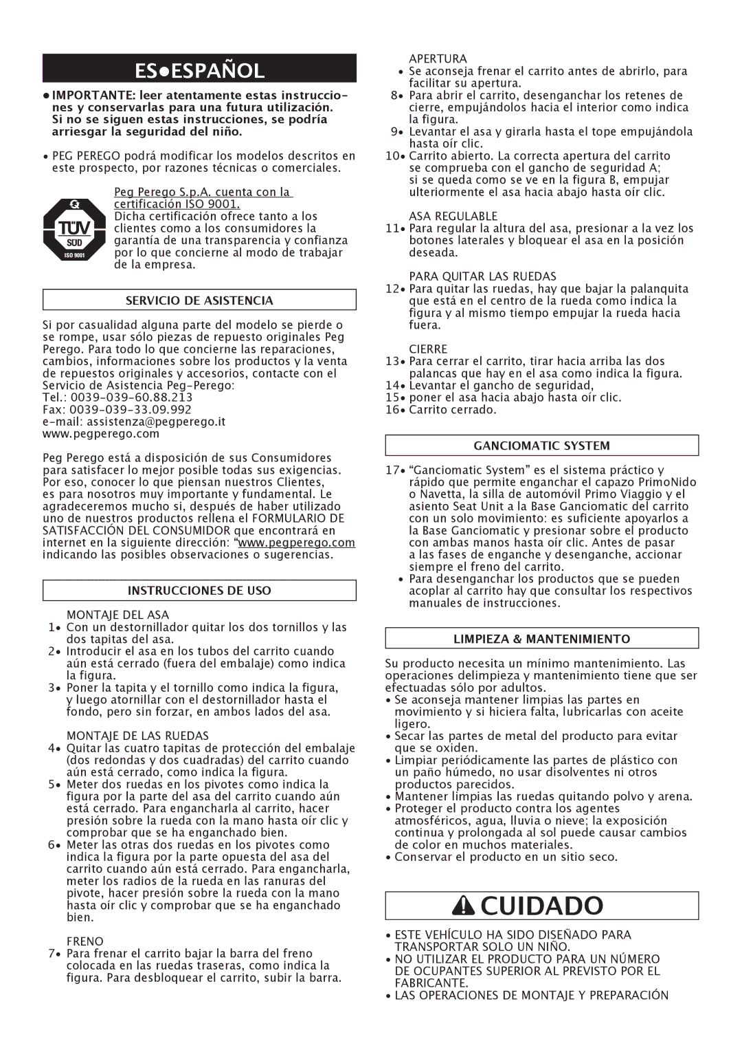 Peg-Perego Classico manual Cuidado, Esespañol, Servicio DE Asistencia, Instrucciones DE USO, Limpieza & Mantenimiento 