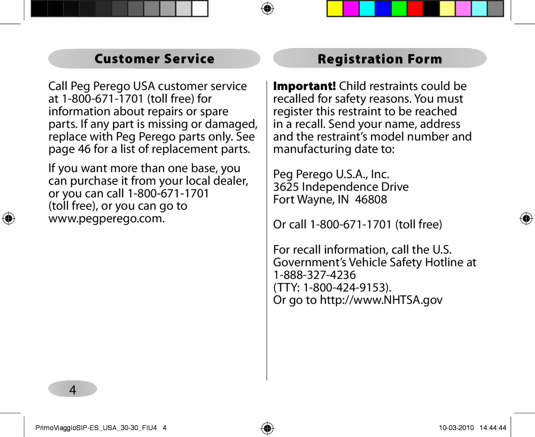 Peg-Perego ES 30.30 owner manual Customer Service Registration Form 