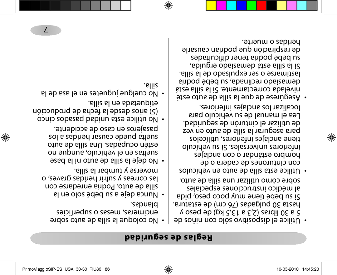 Peg-Perego ES 30.30 owner manual Seguridad de Reglas, Silla la en etiquetada, Blandas, Muerte o heridas 