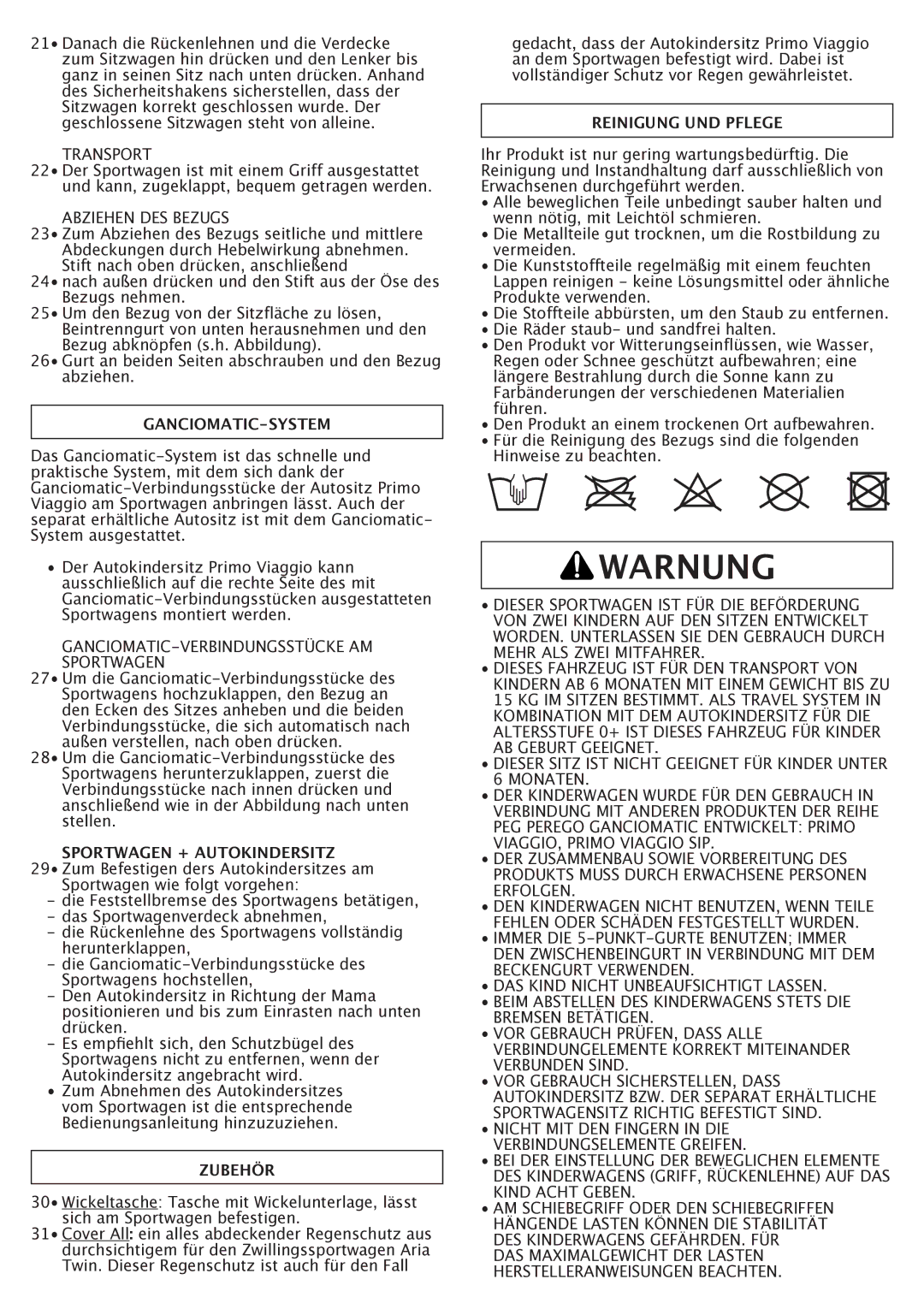 Peg-Perego FI000703I85 manual Warnung, Ganciomatic-System, Zubehör, Reinigung UND Pflege 